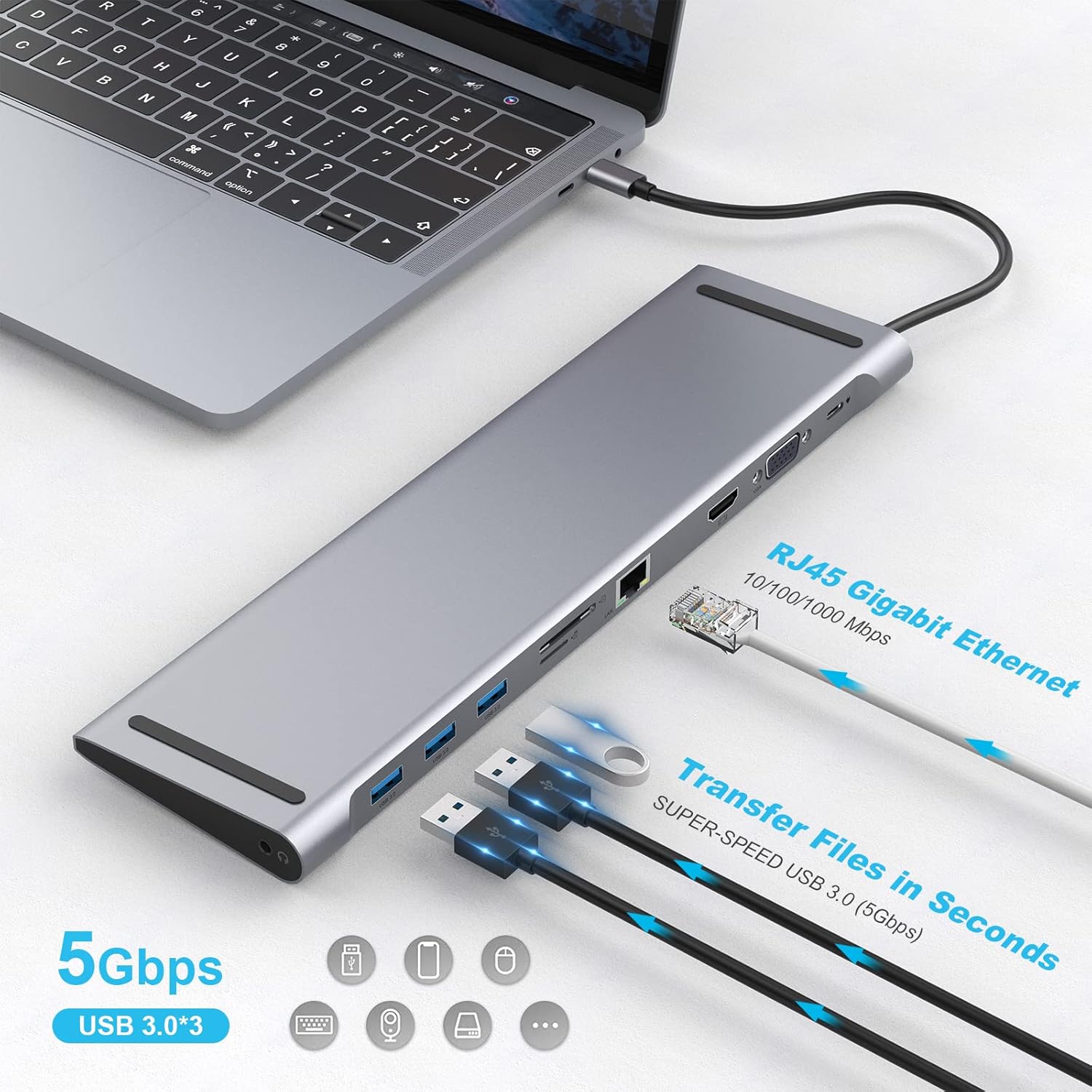 USB C Docking Station for Laptop, USB C Hub 10 in 1 USB C Adapter Docking Station with 4K HDMI & VGA, 3 x USB 3.0, Gigabit Ethernet RJ45 LAN, USB C PD, SD/TF Card Reader, 3.5mm Audio/Mic