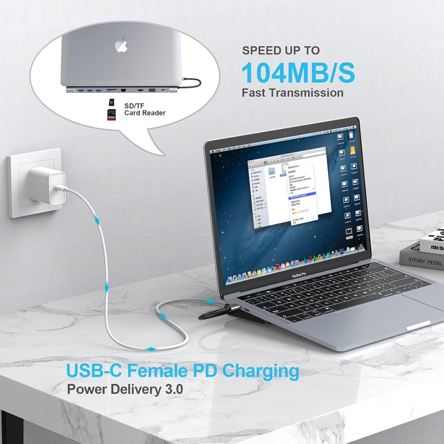 USB C Docking Station for Laptop, USB C Hub 10 in 1 USB C Adapter Docking Station with 4K HDMI & VGA, 3 x USB 3.0, Gigabit Ethernet RJ45 LAN, USB C PD, SD/TF Card Reader, 3.5mm Audio/Mic