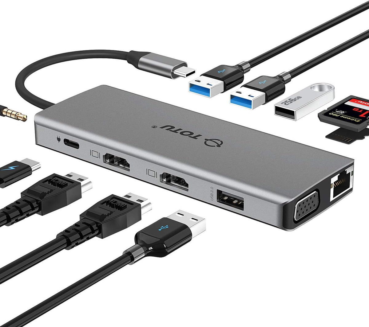 USB C Hub, TOTU 13-in-1 Type C Hub with Ethernet, 4K USB C to 2 HDMI, VGA, 2 USB 3.0, 2 USB 2.0, 100W PD, SD/TF Cards Reader, Mic/Audio Docking Station for MacBook Pro Air XPS and Other USB-C Laptops