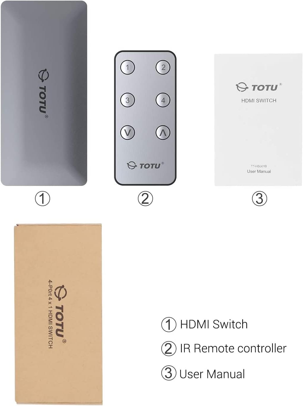 TOTU HDMI Switch 4 Ports (4 x 1) 4K 60Hz HDMI 2.0 Switcher with IR Remote Control Support HDR & HDCP 2.2 Pass-Through & 3D &Full HD 1080P, Compatible for PS3/PS4, Xbox 360/One, HDTV, Blu-Ray Player