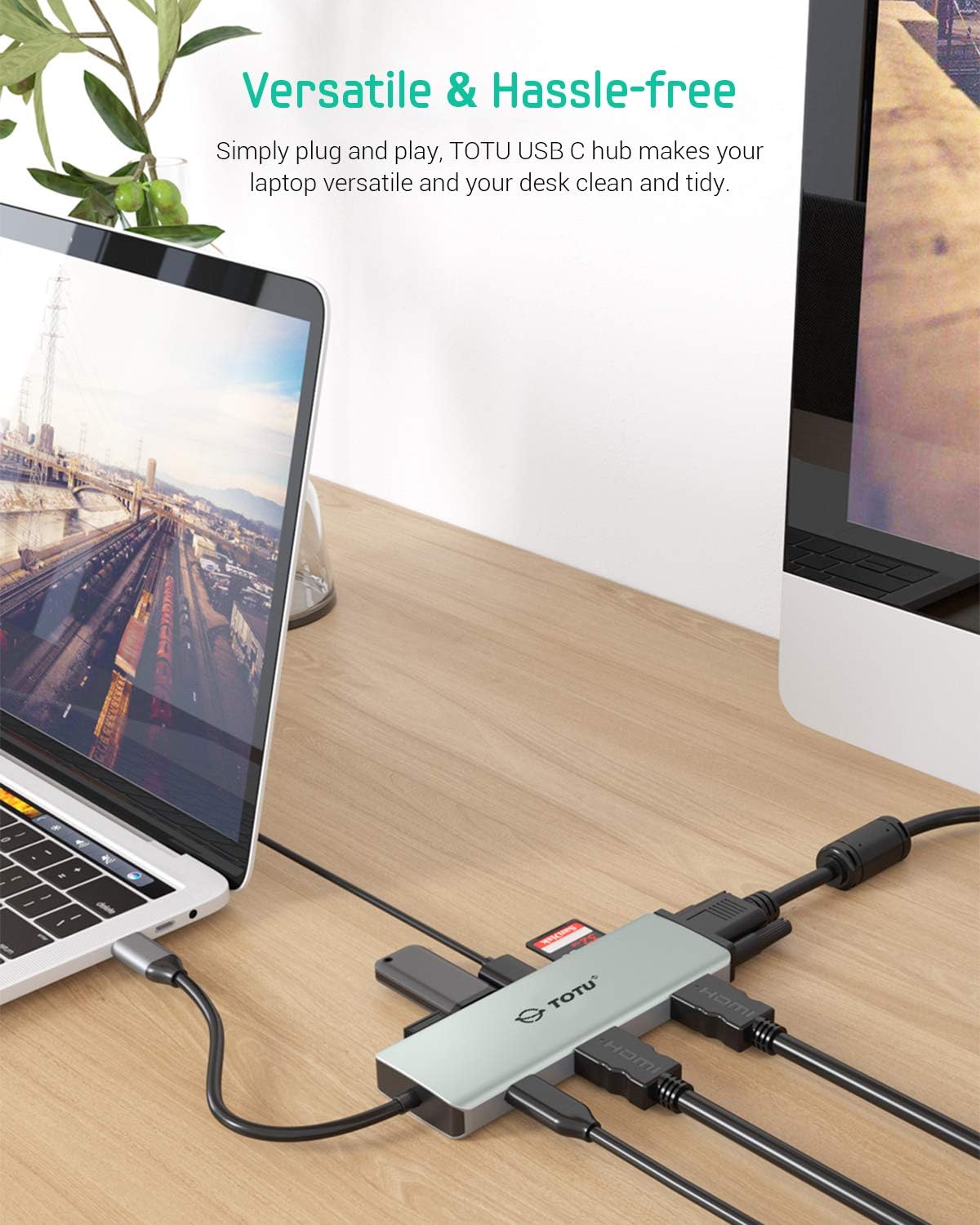 TOTU Docking Station, USB C Hub, 9 in 1 Triple Display Docking Station with Collage Display Mode, Dual 4K HDMI, VGA, 100W PD, 3 USB 3.0 and TF/SD Card Reader for MacBook Pro Air and Type-C Laptops